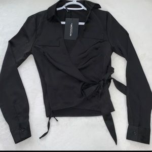 PrettyLittleThing Black Satin Top.
